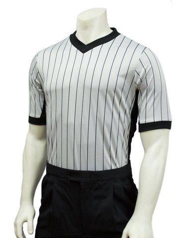 BKS206 - Smitty Grey Elite Performance Interlock V-Neck Shirt w/ Black Pinstripe and Side Panel